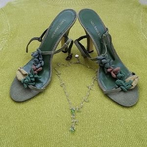 Khaki green cloth covered t-strap sandals
